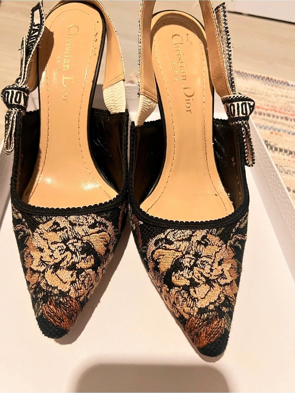 Christian Dior J'Adior Slingback Pump Floral Heels Black & Pink EU 36